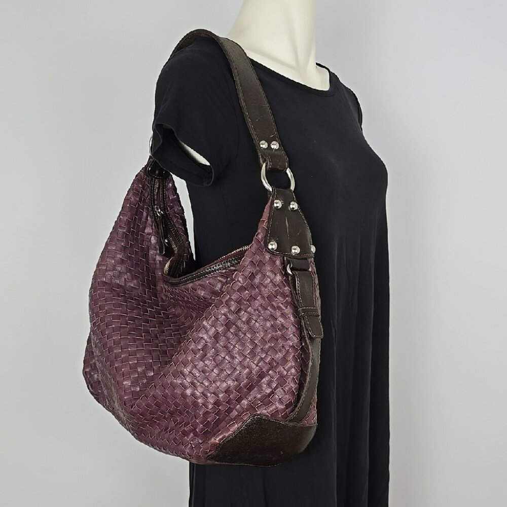 TANO Purple Black Woven Leather Large Shoulder Handbag Satchel Top Zip Closure